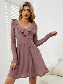 華夫格編織荷葉邊連衣裙 - 藕粉色 - 查看 5