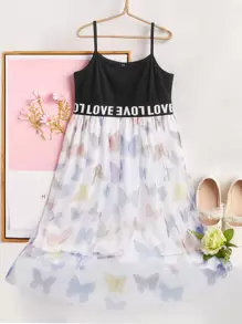Girls Letter Tape Panel Butterfly Mesh Hem Cami Dress - Black and White - View 1