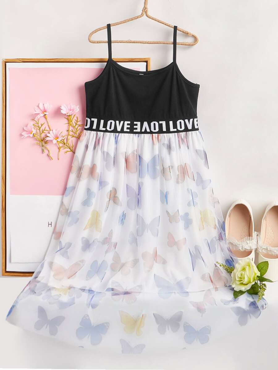 Girls Letter Tape Panel Butterfly Mesh Hem Cami Dress - Black and White - View 1