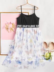 Girls Letter Tape Panel Butterfly Mesh Hem Cami Dress - Black and White - View 2