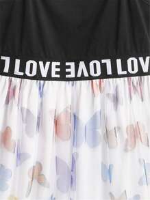 Girls Letter Tape Panel Butterfly Mesh Hem Cami Dress - Black and White - View 3