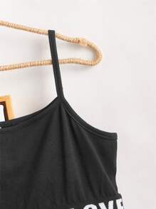 Girls Letter Tape Panel Butterfly Mesh Hem Cami Dress - Black and White - View 4