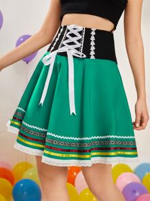 SHEIN VCAY Wideband Waist Striped Lace Up Contrast Guipure Lace Skirt - Green - View 1