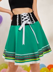 SHEIN VCAY Wideband Waist Striped Lace Up Contrast Guipure Lace Skirt - Green - View 3