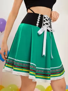 SHEIN VCAY Wideband Waist Striped Lace Up Contrast Guipure Lace Skirt - Green - View 4