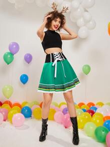 SHEIN VCAY Wideband Waist Striped Lace Up Contrast Guipure Lace Skirt - Green - View 5