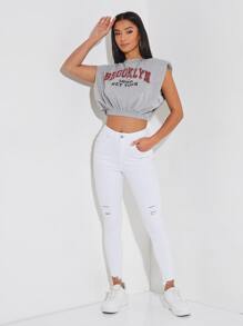 SHEIN PETITE Jeans ajustados desgarro bajo crudo - Blanco - Ver 3