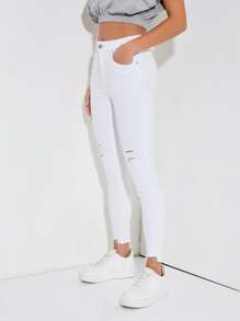 SHEIN PETITE Jeans ajustados desgarro bajo crudo - Blanco - Ver 4