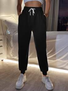 SHEIN PETITE Quần thể thao nữ Dây kéo màu trơn - màu đen - Xem 1