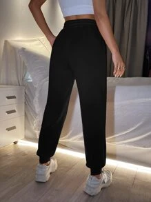 SHEIN PETITE Quần thể thao nữ Dây kéo màu trơn - màu đen - Xem 2