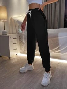 SHEIN PETITE Quần thể thao nữ Dây kéo màu trơn - màu đen - Xem 3