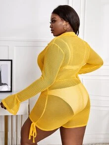 SHEIN SXY 大碼深V領荷葉袖透視連身短褲不附內衣 - 黃色 - 查看 2