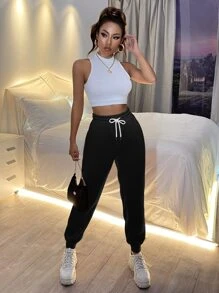 SHEIN PETITE Quần thể thao nữ Dây kéo màu trơn - màu đen - Xem 5
