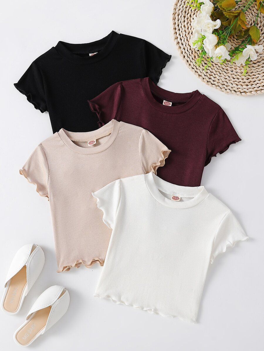 SHEIN Genkimix Kids Young Girl 4pcs Lettuce Trim Tee, School, Campus, College - Multicolor - View 1