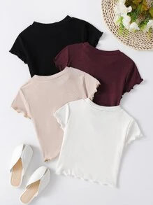 SHEIN Genkimix Kids Young Girl 4pcs Lettuce Trim Tee, School, Campus, College - Multicolor - View 2