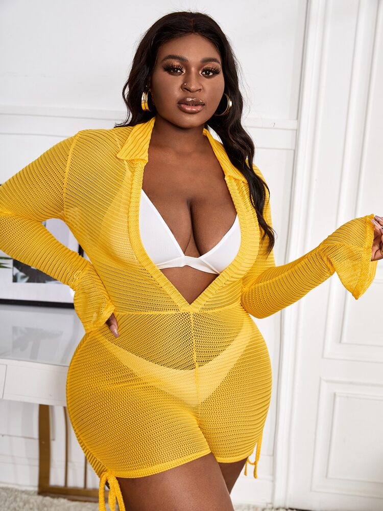 SHEIN SXY Plus Deep V Neck Flounce Sleeve See Through Romper Without Lingerie - Yellow - View 5
