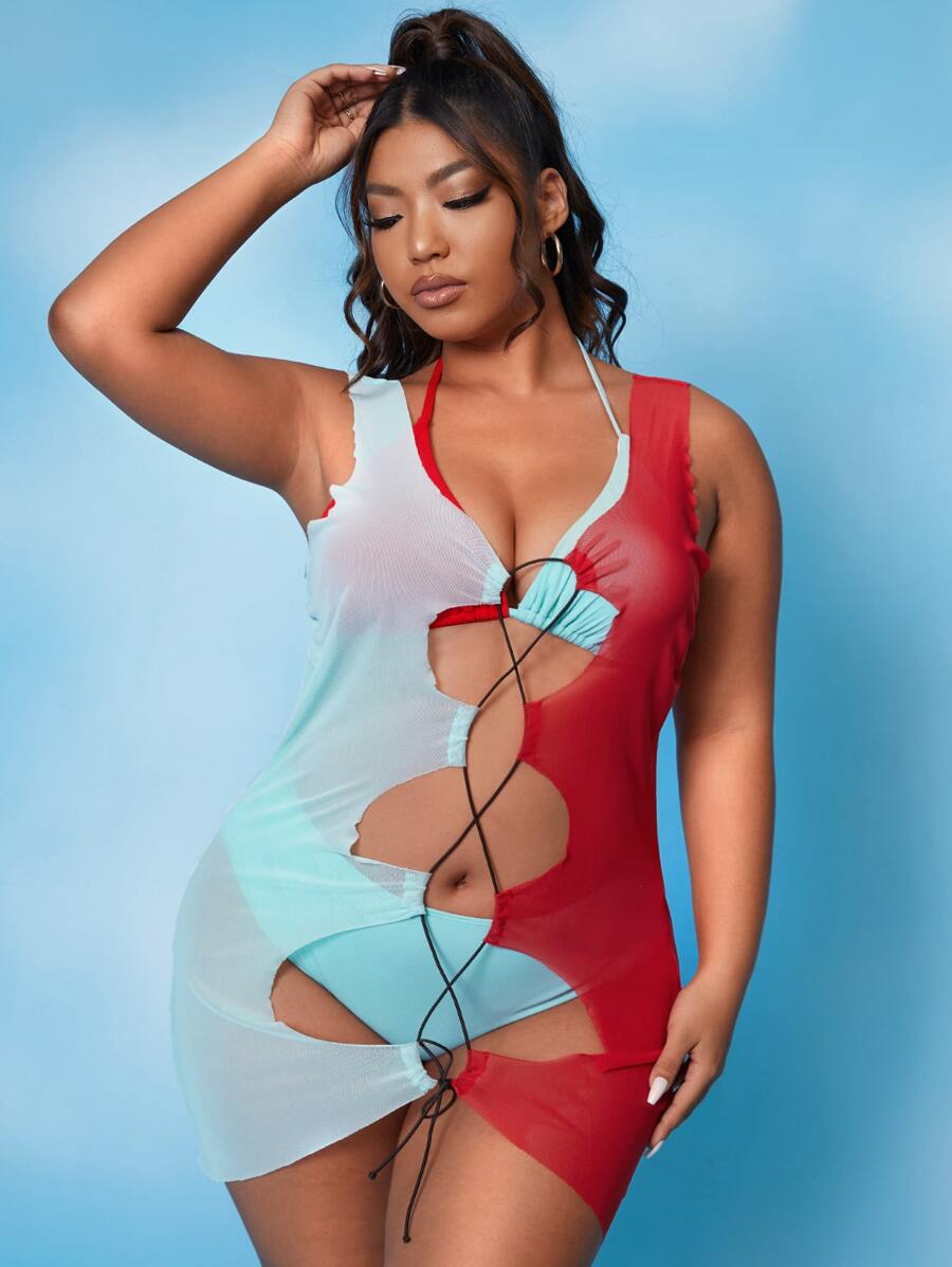 3packs Plus Size Color Block Halter Bikini Set & Lace Up Kimono Summer Beach - Multicolor - View 1