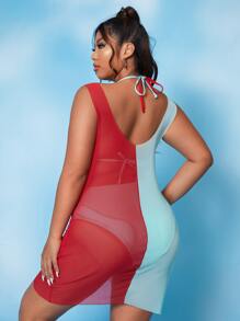 3packs Plus Size Color Block Halter Bikini Set & Lace Up Kimono Summer Beach - Multicolor - View 2