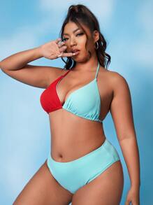 3packs Plus Size Color Block Halter Bikini Set & Lace Up Kimono Summer Beach - Multicolor - View 4