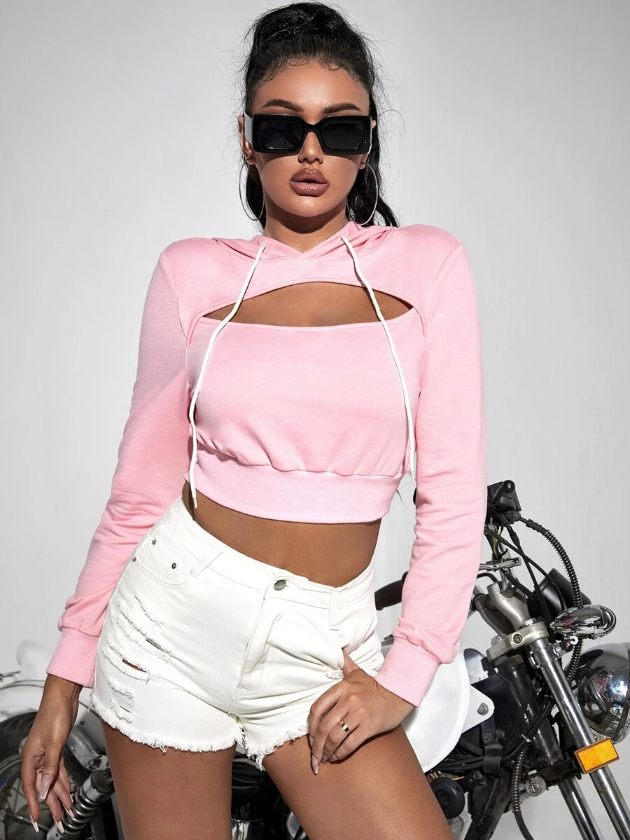 前鏤空抽繩連帽衫 - 淺粉色 - 查看 1