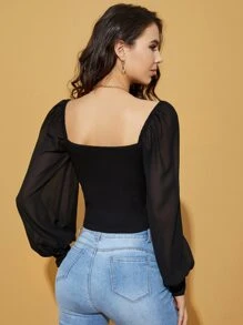 SHEIN BAE Blusa escote corazón con nudo delantero de gasa - Negro - Ver 3