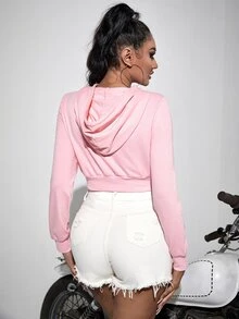 前鏤空抽繩連帽衫 - 淺粉色 - 查看 2