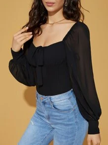 SHEIN BAE Blusa escote corazón con nudo delantero de gasa - Negro - Ver 4