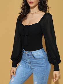SHEIN BAE Blusa escote corazón con nudo delantero de gasa - Negro - Ver 5