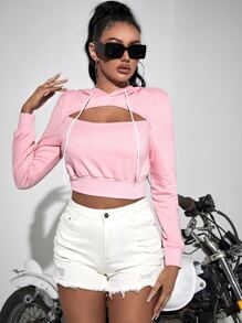 前鏤空抽繩連帽衫 - 淺粉色 - 查看 4