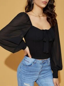 SHEIN BAE Blusa escote corazón con nudo delantero de gasa - Negro - Ver 6