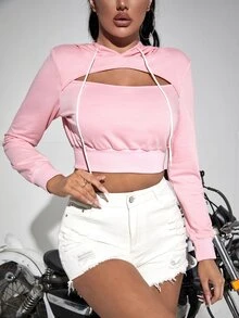 前鏤空抽繩連帽衫 - 淺粉色 - 查看 5