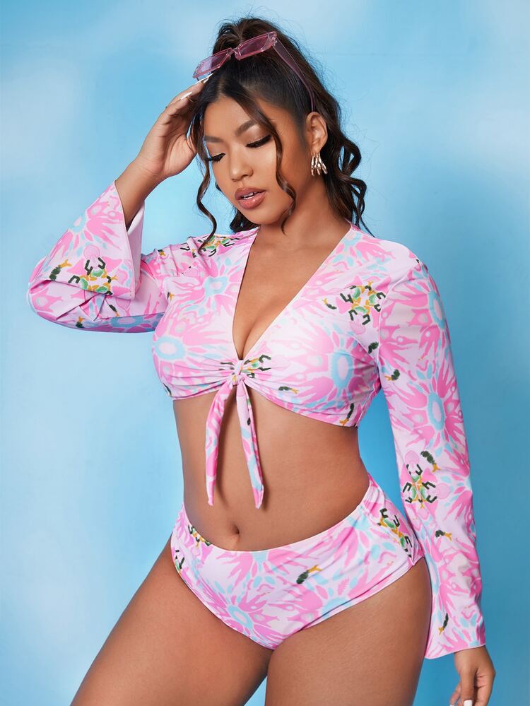 Plus Size Allover Print Knot Long Sleeve Bikini Set Summer Beach - Pink - View 3