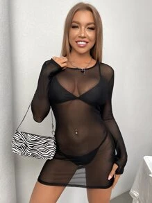 SHEIN SXY Đầm cắt màu trơn Gợi cảm - màu đen - Xem 5