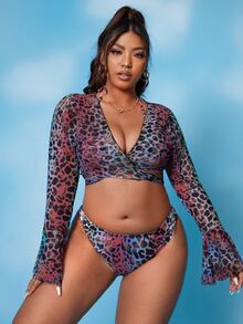SHEIN Swim Curve 3 件装加大码豹纹吊带比基尼套装和罩衫夏季海滩 - 彩色 - 查看 4