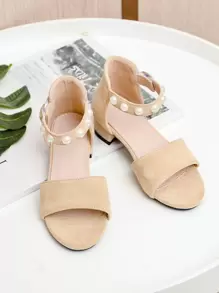 女孩人造珍珠裝飾平底踝帶涼鞋 - 杏色 - 查看 1