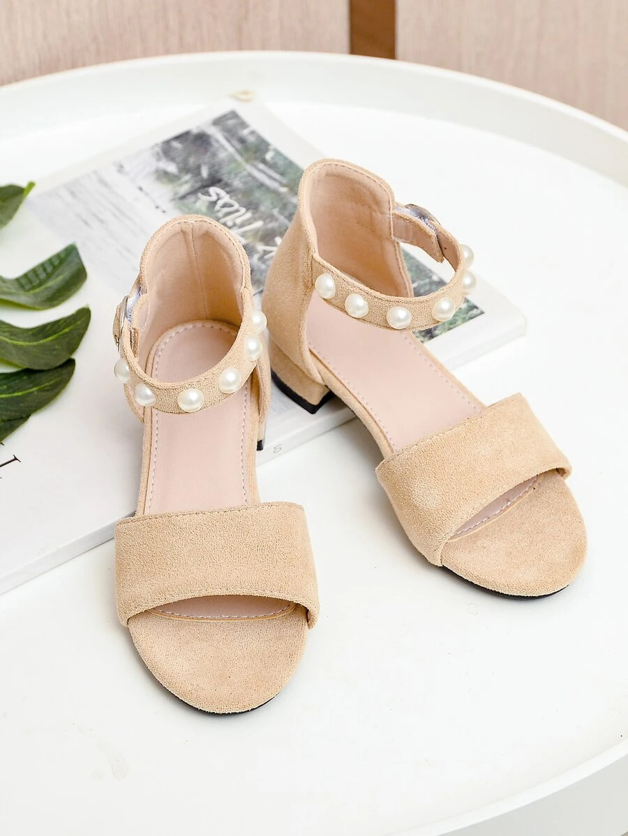女孩人造珍珠裝飾平底踝帶涼鞋 - 杏色 - 查看 1