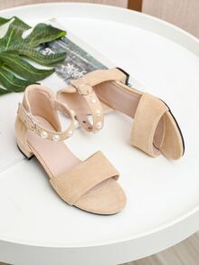 女孩人造珍珠裝飾平底踝帶涼鞋 - 杏色 - 查看 3