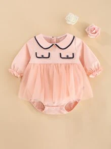 Peninsula Baby 嬰兒假口袋拼接網紗連身背心 - 珊瑚粉 - 查看 1