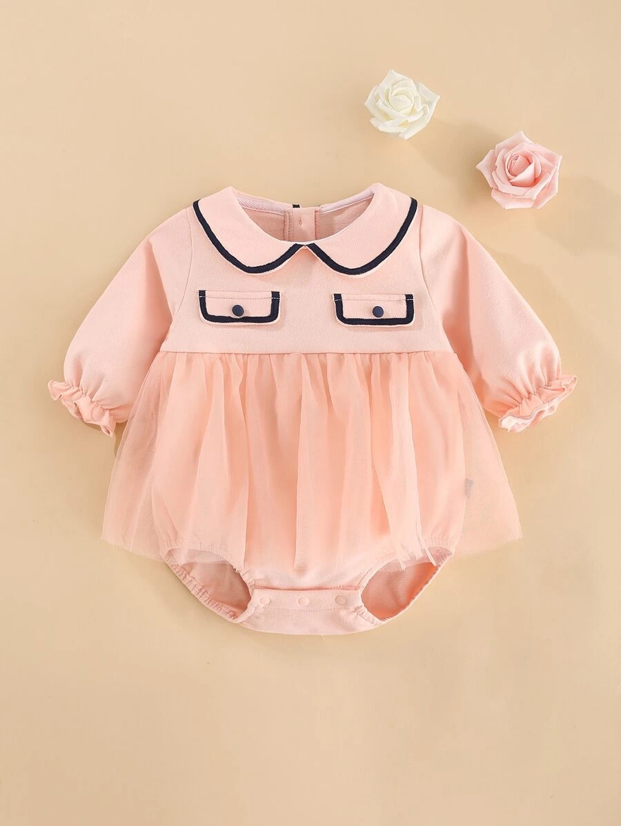 Peninsula Baby 嬰兒假口袋拼接網紗連身背心 - 珊瑚粉 - 查看 1