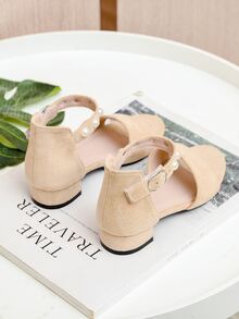 女孩人造珍珠裝飾平底踝帶涼鞋 - 杏色 - 查看 4