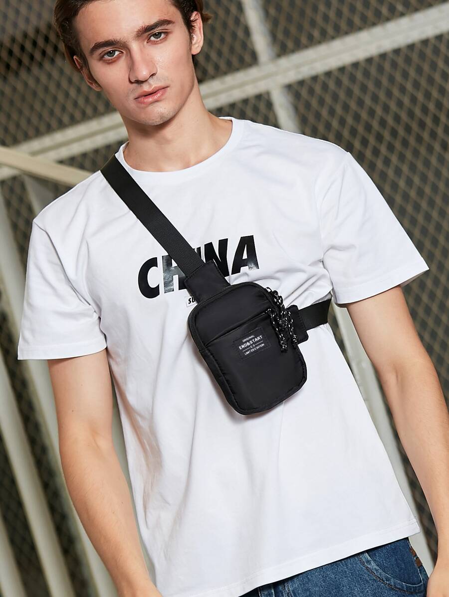 Men Letter Detail Bum Bag - Black - View 1