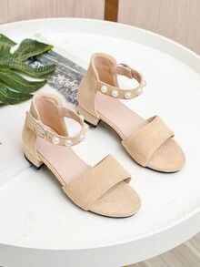 女孩人造珍珠裝飾平底踝帶涼鞋 - 杏色 - 查看 5