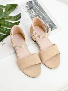 女孩人造珍珠裝飾平底踝帶涼鞋 - 杏色 - 查看 6