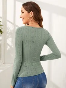 SHEIN Privé 方領氣眼網眼刺繡T恤 - 薄荷綠 - 查看 2