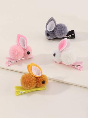 4入組女孩毛絨小兔子裝飾髮夾