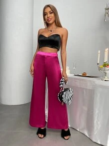 High Waist Satin Wide Leg Trousers - Hot Pink - View 1