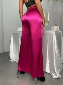 High Waist Satin Wide Leg Trousers - Hot Pink - View 2