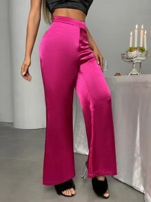 High Waist Satin Wide Leg Trousers - Hot Pink - View 3