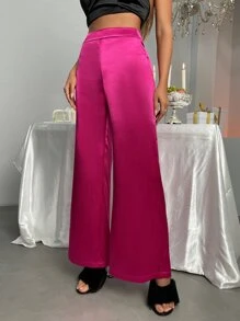 High Waist Satin Wide Leg Trousers - Hot Pink - View 4
