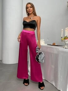 High Waist Satin Wide Leg Trousers - Hot Pink - View 5
